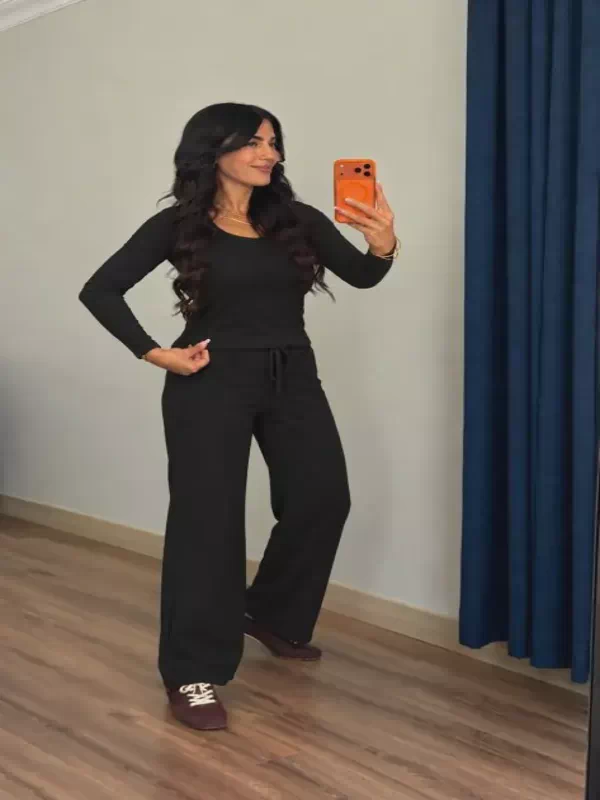 Kadın Uzun Kollu Yuvarlak Yakalı Modal Bluz Ve Pantolon Ikili Takım - Siyah