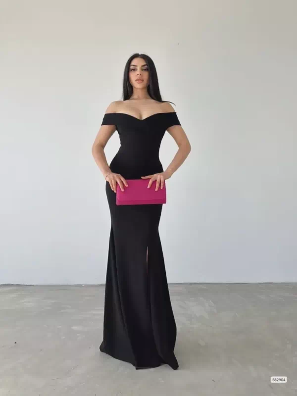Kadın Madonna Yaka Ithal Krep Maksi Boy Elbise - Siyah