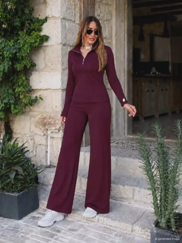 Kadın Uzun Kollu Yakadan Fermuarlı Viskon Iki Iplik Bluz Ve Pantolon Ikili Takım - Bordo